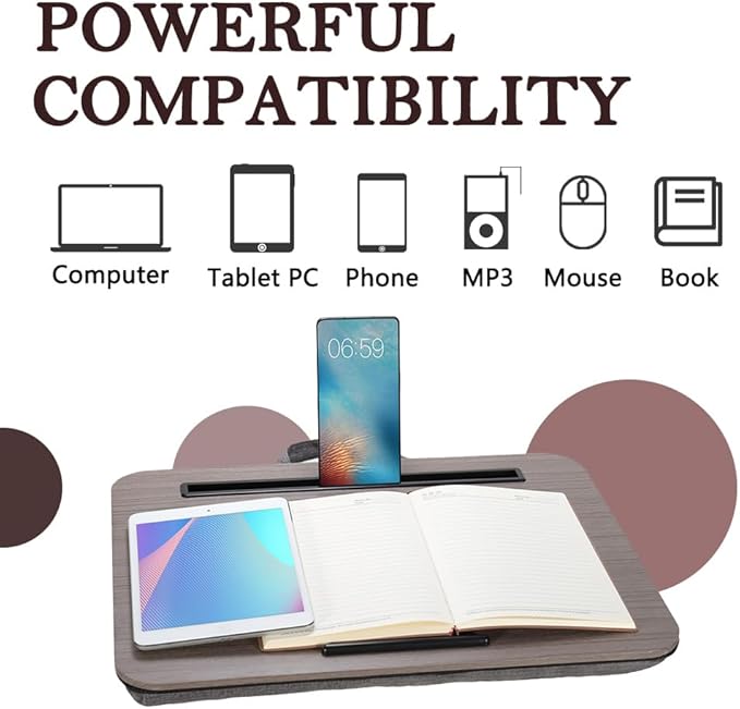 Portable Laptop Desk Fits Up to 16“ Laptops, with Tablet Slot, Built-in Cushion, Great for Home & Office,Lap Desk with Cushion (Walnut, Medium)