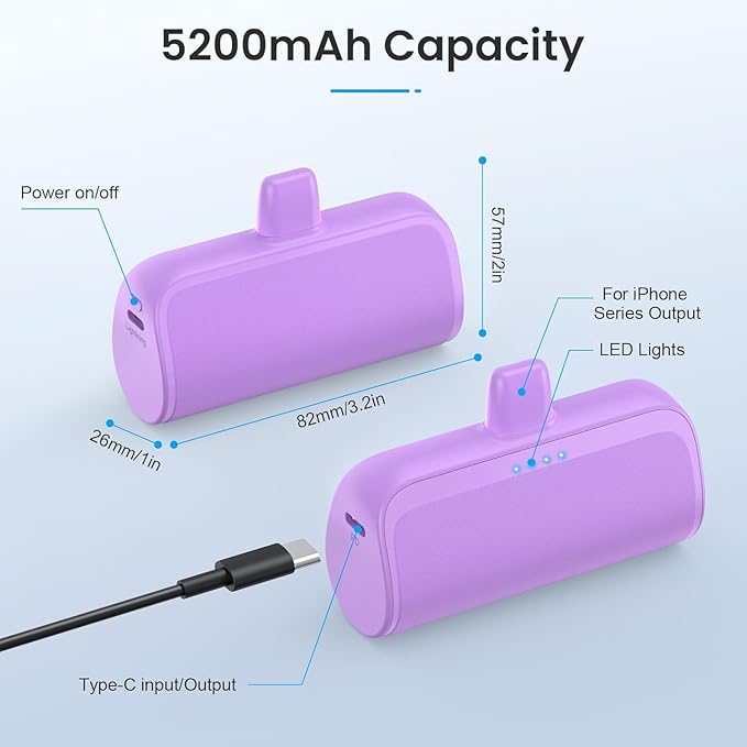 [2 Pack]Mini Portable Charger for iPhone 5200mAh,20W PD Fast Charging Power Bank,Ultra-Compact Battery Pack Travel Portable Charger Compatible with iPhone 14 13 12 11 X 8 7 6 Series,Purple +Light Blue