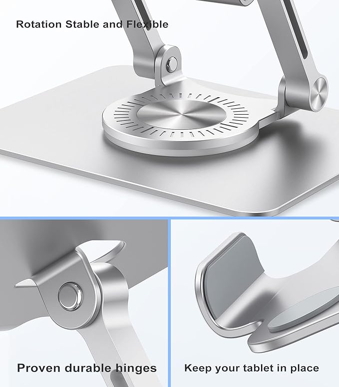 Tablet Stand, Swivel Ipad Stand with 360 Rotating Base, Adjustable Tablet Holder for Drawing, Compatible with iPad Pro/Air/Mini and More (Silver)