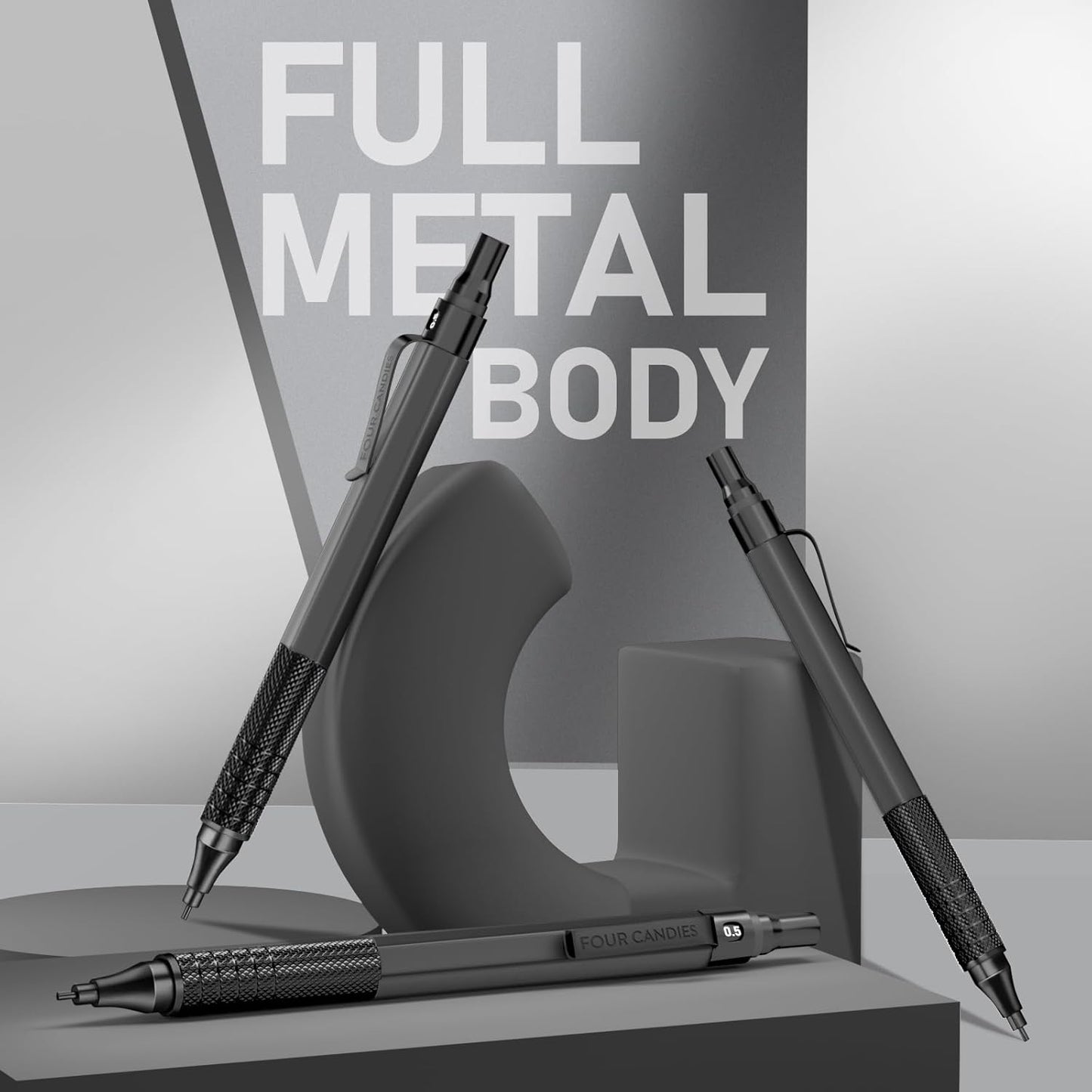 Four Candies 0.5mm Mechanical Pencil Set with Case, 3PCS Metal Artist Lead Pencil with 8 Tubes (480PCS) HB Lead Refills, 3 Erasers, 9 Eraser Refills For Engineer Art Writing Drawing Drafting, Black