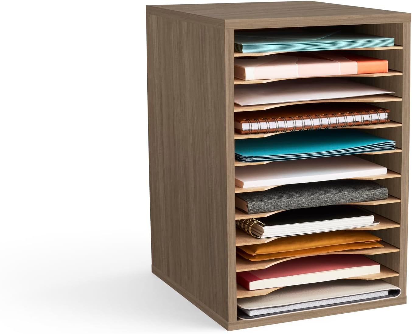 Safco Products Vertical Desktop Sorter, 11 Compartment, Gray Wood