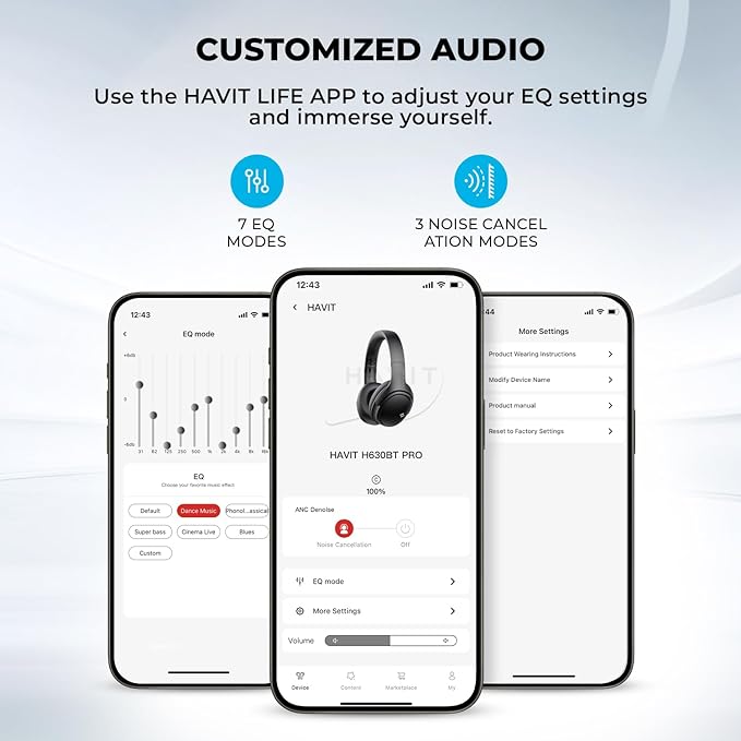 havit Active Noise Cancelling Headphones, Wireless Headphones Over Ear, Foldable Bluetooth 5.3 Over The Ear Headphone, 50H Playtime, HD Stereo Sound, Custom EQ via App for Travel, Office, Home