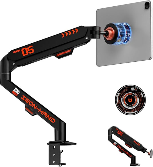 Magnetic Tablet Stand, Adjustable Desk Mount for iPad & All Tablets, 360° Rotating Foldable Arm with Gas Spring, Heavy Duty Aluminum, for Home Office, Kitchen, Bedside, Studio, Black