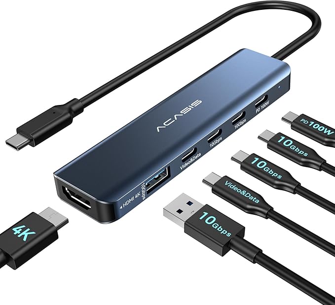 ACASIS USB C Splitter with 4K@60Hz Video Output, USB C Hub 10Gbps with 1xHDMI, 1xUSB C Video Output for Portable Monitor, 3xUSB C 10Gbps,100W PD, Multiport Adapter Splitter for Dell/HP/Mac Pro/Samsung