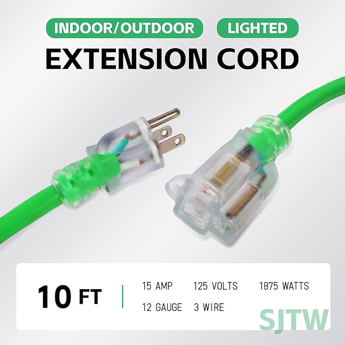 EP 10 Ft Outdoor Extension Cord, 12/3 SJTW Heavy Duty Waterproof Power Cable, 3 Prong Grounded Plug, Lighted End, for Lawn, Garden, Appliances, Green
