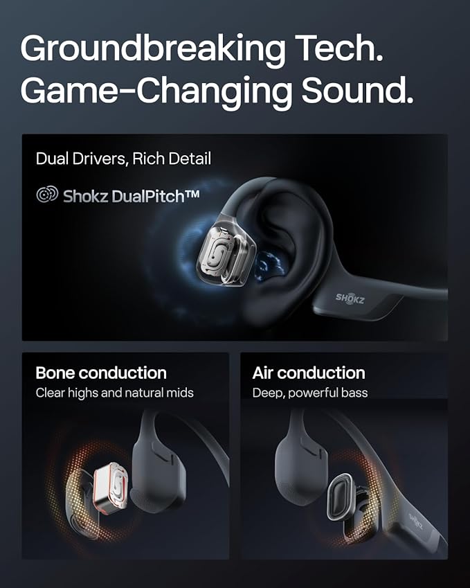 SHOKZ New OpenRun Pro 2- Bone Conduction Headphones, Open-Ear Bluetooth Wireless Sport Earphones for Running, Workouts - Sweat Resistant, Secure Comfortable Fit -Deep Bass, Smart Mic, Reflective Strip
