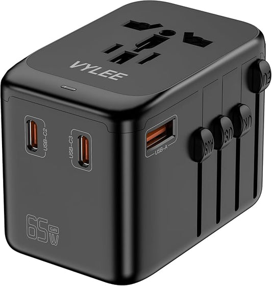 Universal Travel Adapter, 65W Fast GaN International Power Adapter, 3PD USB-C+1QC USB-A European Travel Plug Adapter, US, UK, EU, AU Worldwide Travel Charger for Laptops, Tablets, Phones