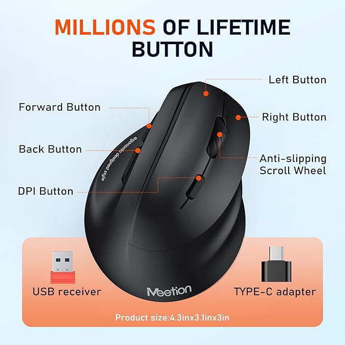MEETION Ergonomic Mouse, Wireless Vertical Mouse RGB Backlit Rechargeable Mice for Bluetooth(5.2 + 3.0) & USB-A with USB-C Adapter 4 Adjustable DPI for Mac/Windows/Andriod/PC/Tablet/iPad Black
