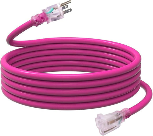 EP 15 Ft Outdoor Extension Cord, 12/3 SJTW Heavy Duty Waterproof Power Cable, 3 Prong Grounded Plug, Lighted End, for Lawn, Garden, Appliances, Pink