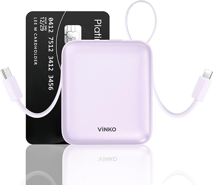 VINKO Portable Charger Power Bank with Built-in Cables, 22.5W Fast Charging 10000mAh Phone Charger, Small Travel Battery Pack with Smart LED Display for iPhone, Android & USB-C Devices(Purple)