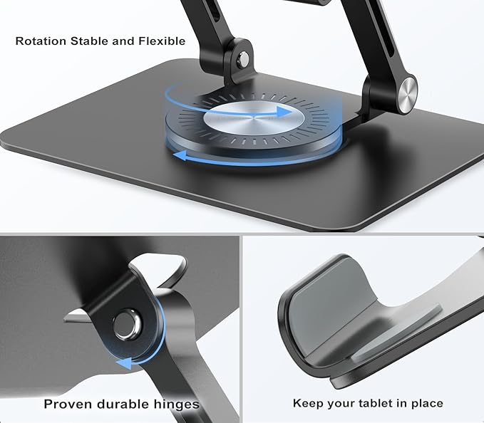Tablet Stand Holder with 360° Rotating Base Dual Rod Aluminum Adjustable Tablet Stand for Desk Compatible with iPad Samsung Phone Kindle E-Reader and More, Black