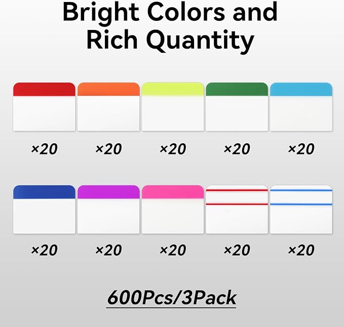 600 Pieces Tabs 2 Inch Sticky Index Tabs, Colored Page Markers Repositionable Divider Tabs for Notebooks, Binders, File Folders, Books (30 Sets 10 Colors)