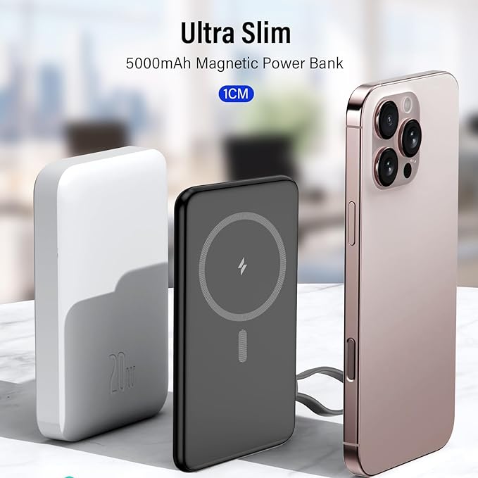Magnetic Portable Charger, 5000mAh Ultra Slim Mag Power Bank, Wireless Battery Pack with USB C Cable, 20W PD Fast Charging, Magnetic Phone Charger for iPhone 16/15/14/13/12 Pro/Pro Max/Mini Series