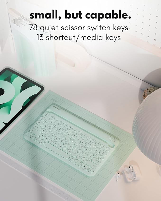 Macally Bluetooth Keyboard for Tablet | Wireless Keyboard for iPad mini/Air/Mini, iPhone (Multi-Device, Built-in Stand, Rechargeable) Easy to Use and Cute Portable - Mint Green