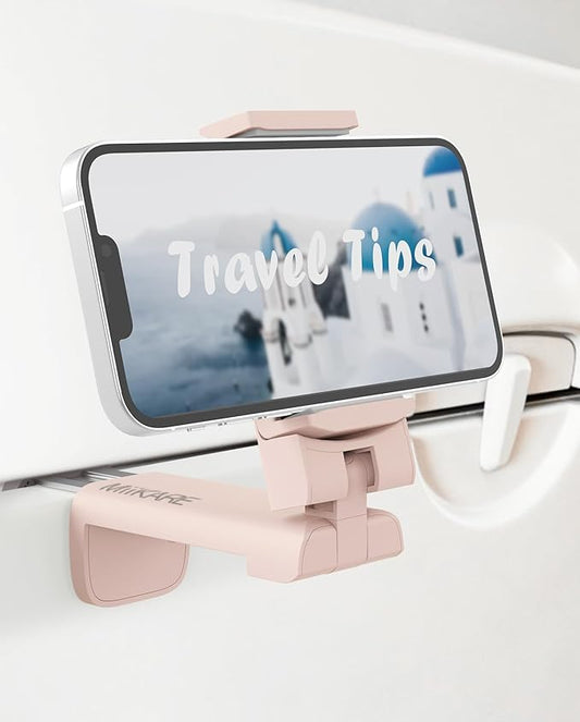 MiiKARE Travel Essentials Airplane Phone Holder, Universal Handsfree Phone Mount for Flying with 360 Degree Rotation, Travel Must Haves Phone Stand for Desk, Tray Table, Pink