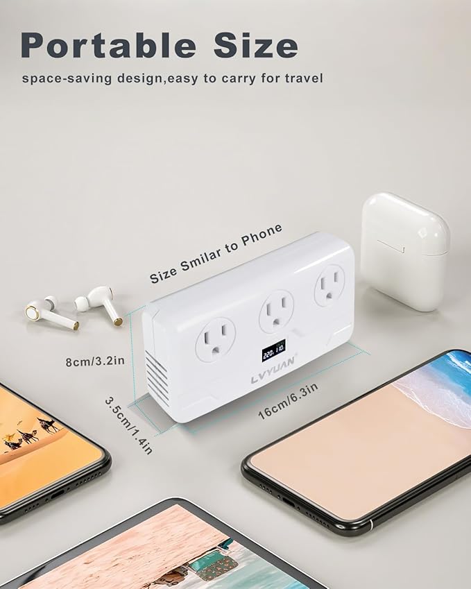 220V to 110V Voltage Converter with LCD Display, LVYUAN Universal Travel Adapter with UK/EU/AU Power Plug Adapter, Step Down Transformer for Hair Straightener Curling Iron CPAP (White)