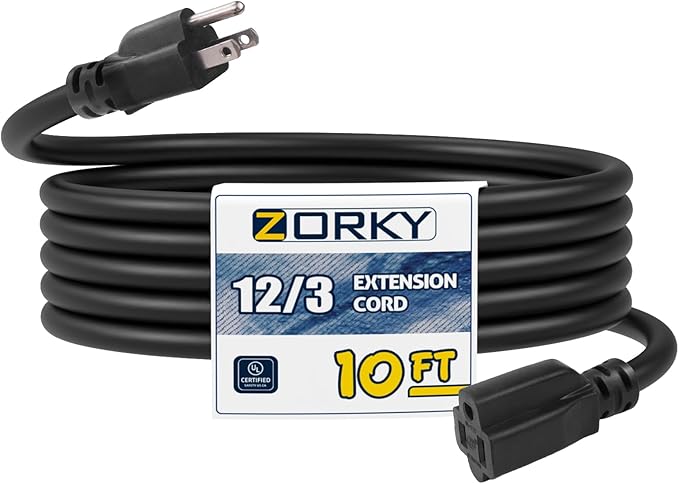 10ft Indoor Outdoor Extension Cord - 12/3 SJTW Heavy Duty Extension Cable with 3 Prong Grounded Plug for Safety -15Amp 1875W Black Electric Cord Great for Garden, Appliances