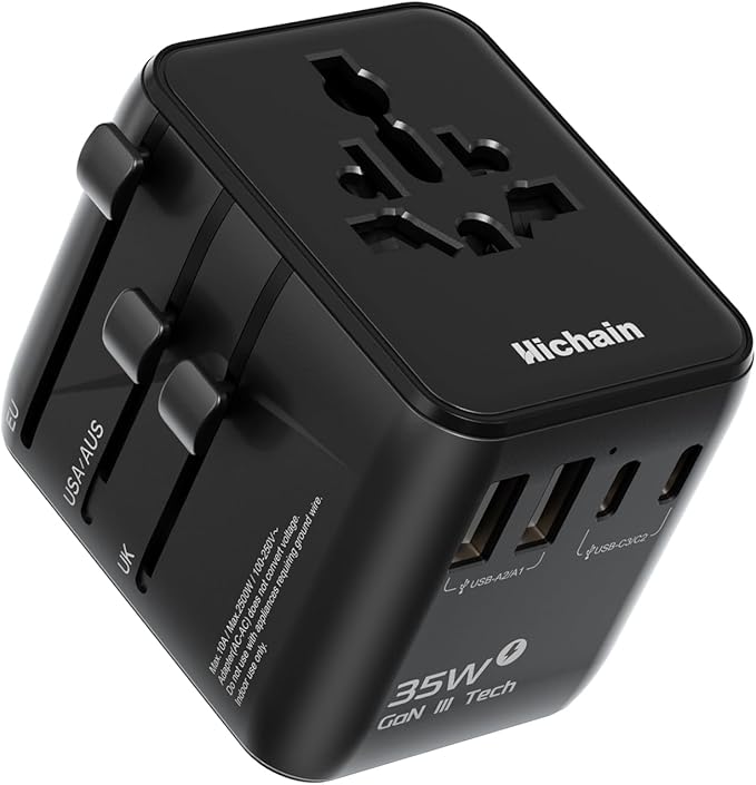 Hichain 7-in-1 Universal Travel Adapter 35W, Fast Charging GaN Travel Worldwide Universal Power Adapter Block, Compact International Plug Foldable European Travel Plug Adapter Global Vacation Holiday