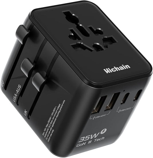 Hichain 7-in-1 Universal Travel Adapter 35W, Fast Charging GaN Travel Worldwide Universal Power Adapter Block, Compact International Plug Foldable European Travel Plug Adapter Global Vacation Holiday