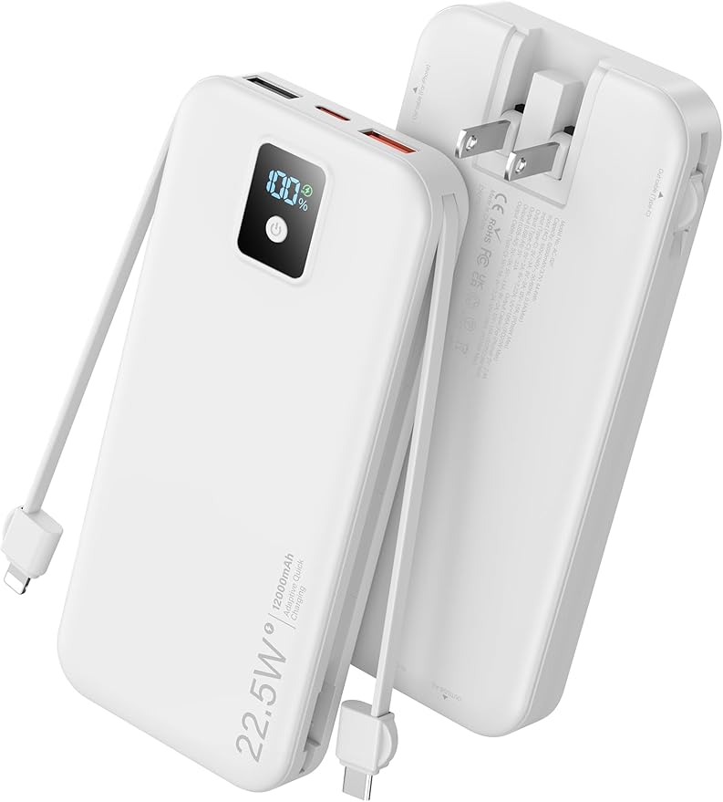 Portable Power Bank, 12000mAh 22.5W Fast Charging Phone Charger with Built-in Cables & Wall Plug, Travel Essential Battery Pack with LED Display, USB C Battery Charging Bank for iPhone, Samsung White