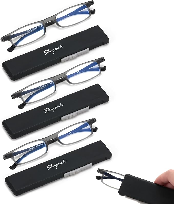 3 Pack Ultra thin Lightweight Folding Reading Glasses Women Men TR90 Blue Light Blocking Anti UV/Eyestrain Foldable Compact Computer Readers Portable Unique Stretchable Slim Flat case Gunmetal, +2.0