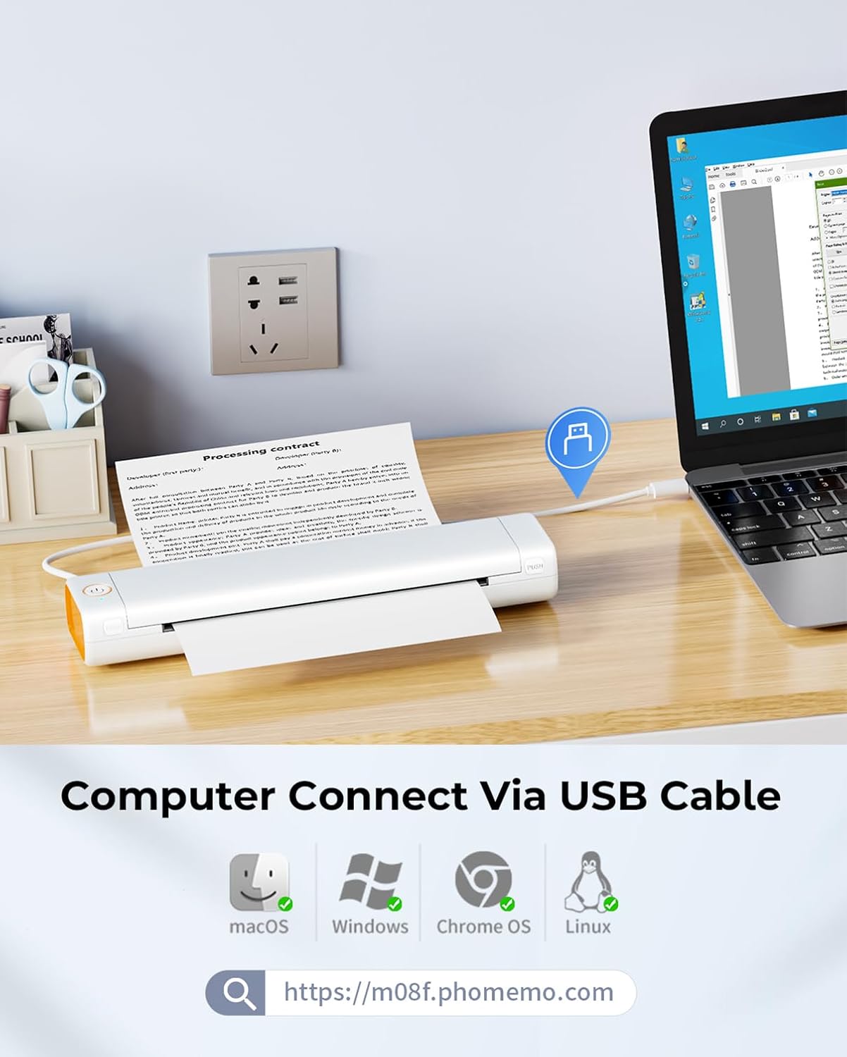 Phomemo Portable Printers Wireless for Travel, M08F Thermal Bluetooth Printer Support for 8.5"x11" US Letter, Small Inkless Printer Compatible with iOS, Android, Laptop for Car, Office, Home