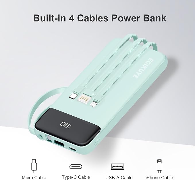 Power Bank 10000mAh Portable Charger with 4 Built-in Cables, Type-C in & Out Phone Charger, External Battery Charger Pack & Travel Essential for iPhone 16/15/14, Samsung, iPad, Android