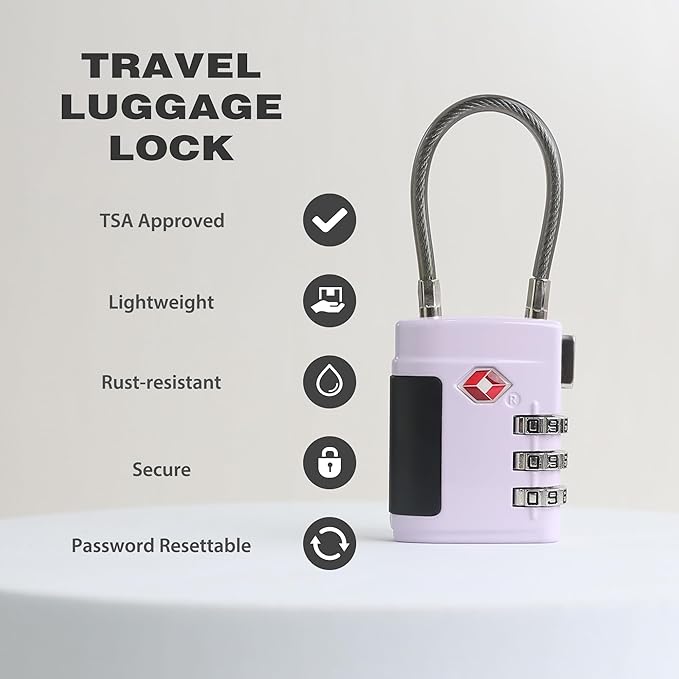 Combo TSA Locks for Luggage, Locker, Suitcase, Luggage Locks TSA Approved, Small Combination Padlock with Cable for Gym Locker, Gun Case, Backpack Bag Zipper, Storage Box, Travel Safe