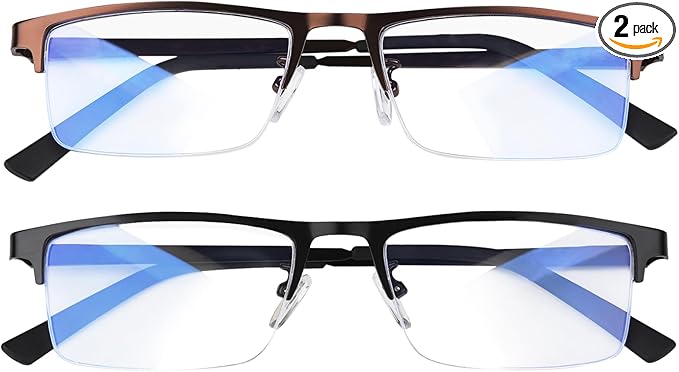 Blue Light Blocking Glasses, Lightweight Metal Half Frame Computer Reading/Gaming/TV/Phones Glasses,Filter UV Ray/Computer Glare with Spring Hinge Eyeglasses(Black+Brown)