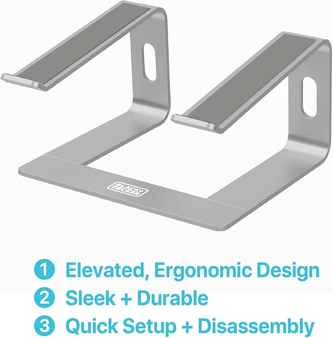 BLACK+DECKER Laptop Stand for Computer Desk, Ergonomic Laptop Stand for Desk, Lap top Riser Compatible with MacBook Notebook, Lap top Holder, Durable Aluminum Computer Riser Accessories, Silver