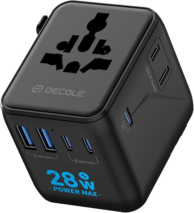 Universal Travel Adapter, International Travel Plug Adapter with 3 USB-C ＆ 2 USB-A Ports, with Extra 2 Prong AC Outlet All in One Portable Socket, for USA, UK, EU, AU ＆ 224+ Countries (Black)