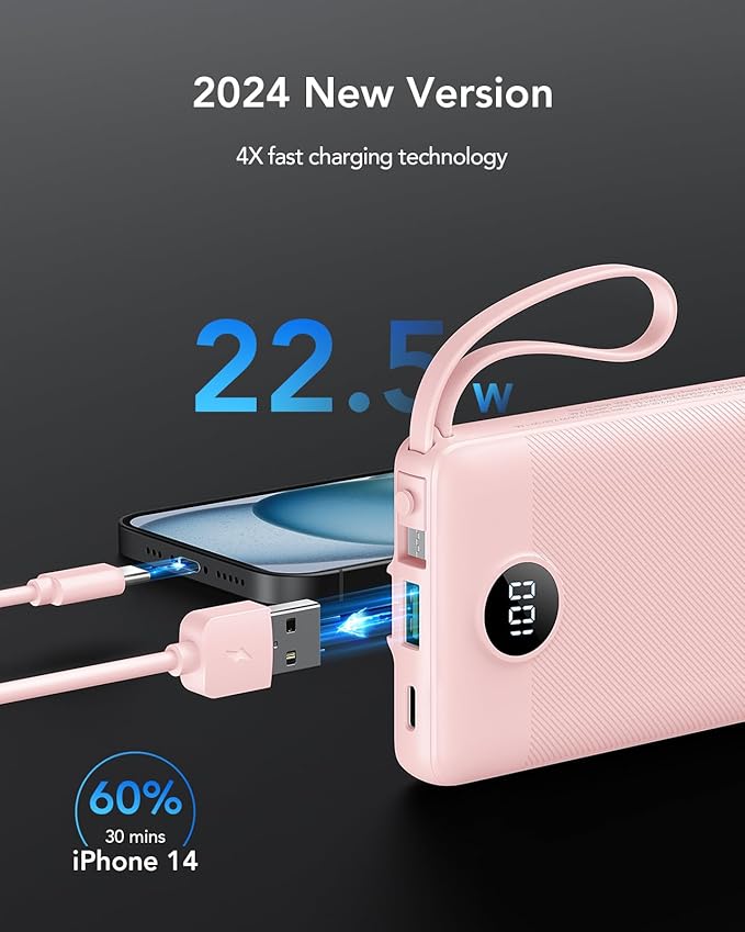 VRURC Portable Charger, 22.5W Power Bank 10000mAh, USB-C Cable in & Out Fast Charging Battery Pack, Compact Travel Essential 4 Outputs 3 Inputs for iPhone 16 15 14 13,Samsung, Android etc-Pink