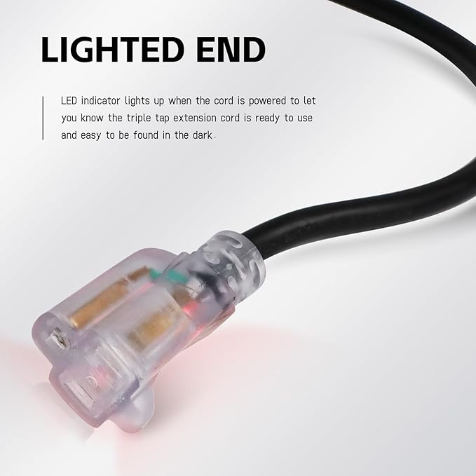 EP 50Ft Outdoor Extension Cord, 12/3 SJTW Heavy Duty Waterproof Power Cable, 3 Prong Grounded Plug, Lighted End, for Lawn, Garden, Appliances, Black