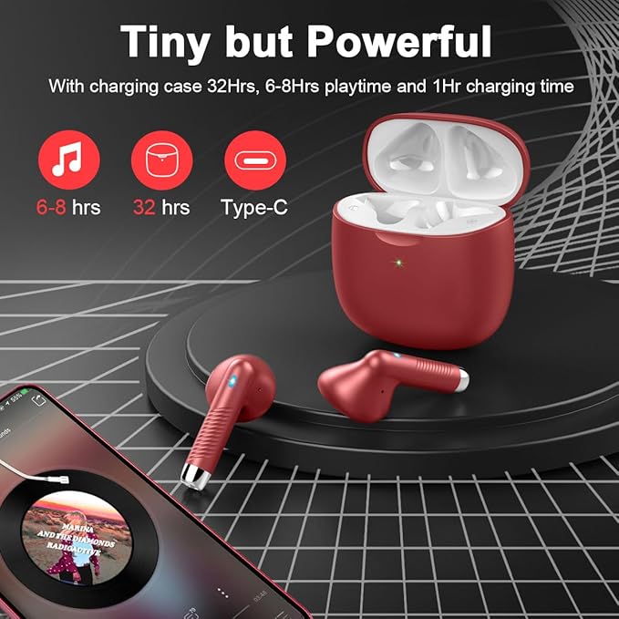 Wireless Earbuds, Bluetooth 5.4 Earbuds Stereo Bass, Bluetooth Headphones in Ear Noise Cancelling Mic, Earphones IP7 Waterproof Sports, 32H Playtime USB C Charging Case Red Ear Buds for Android iOS