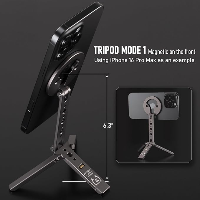 Magnetic Tripod for iPhone 12/13/14/15/16/17 & MagSafe Cases | Handy Phone Stand | 20 N52 Magnets Inside, Cold Shoe Mount, 1/4" Screw & Foldable Hook