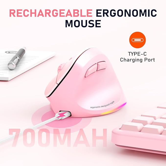 MEETION Ergonomic Mouse, Wireless Vertical Mouse RGB Backlit Rechargeable Mice for Bluetooth(5.2 + 3.0) USB-A with Type-c Adapter 4 Adjustable DPI Compatible Mac/Windows/Andriod/PC/Tablet/iPad Pink