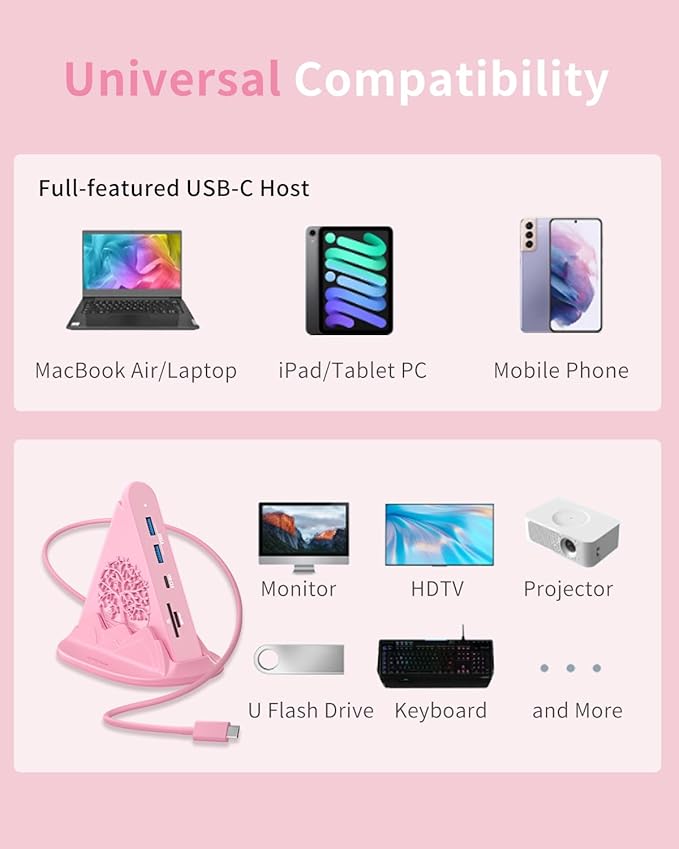 Pink USB C Hub, 8-in-1 USB C Multiport Adapter with 4K@30Hz HDMI, 100W Power Charging, 5Gbps Type C, 3 USB-A 3.0, SD/TF Slots& RGB Lighting, Pink Type C Hub for MacBook, iPhone17, iPad, XPS(Tree)