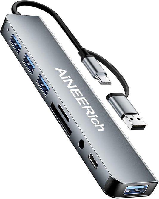 USB Hub,USB C Hub Multiport Adapter,8 in 1 USB-C Hub Extended 4 USB-A + 1 Type C Port,TF/SD Card Reader Slot,3.5mm Audio Output for iPhone 16 15,Laptop,PC,MacBook Pro Air,iPad