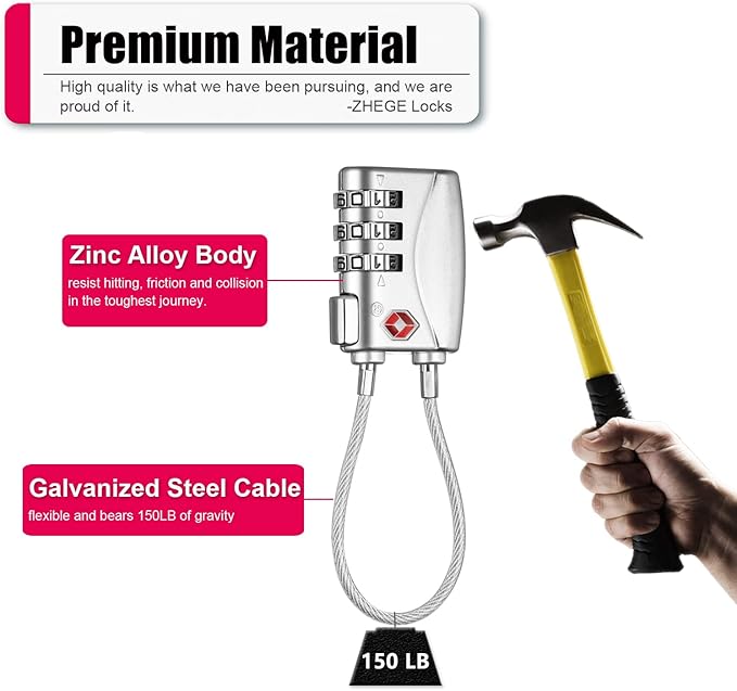 ZHEGE TSA Lock for Luggage 3 Digit Combination Cable Lock with Alloy Body for Suitcase, Baggage, Backpack, Pistol Case (Silver)