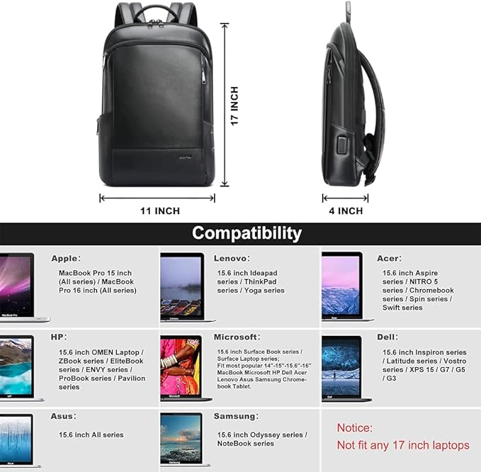 BOPai Unisex Slim Genuine Leather Laptop Backpack Men for 15-15.6 inch Business Smart Professional Lightweight Backpack with USB Charging Office Commuter Computer Rucksack Executive Anti Theft Black