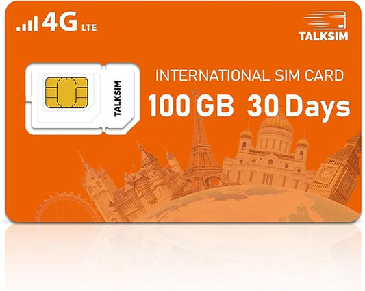 100GB 30Days International SIM Card for Europe Travel, 4G LTE Data Only SIM Card Support 45 Countries USA, UK, Europe, Asia and Africa, Compatible Unlocked Devices – No Contract
