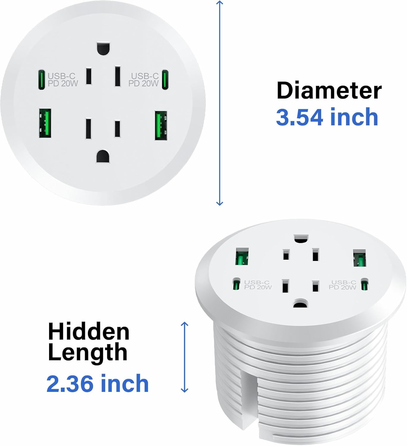 3 inch Desktop Power Grommet USB C,40W Fast Charging Station,Furniture Recessed Power Strip,2 Outlets,4 USB Ports,Flush-Mount for Desktop, Workspace Essential Desk Outlet,2 Pack