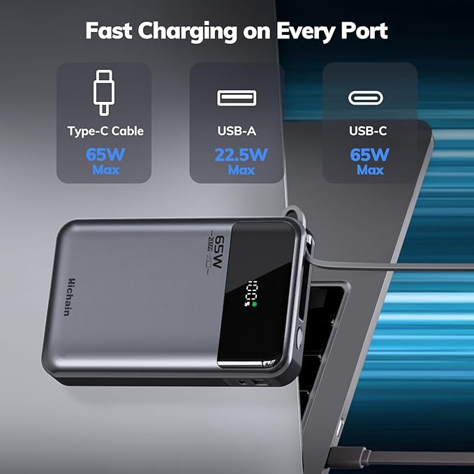 Hichain Laptop Power Bank 65W 20000mAh Portable Charger with Built-in USB-C Cable, 3-Port Fast Charging Battery Pack for MacBook iPhone 17 16/15 Series Android Switch Travel Essential Gray