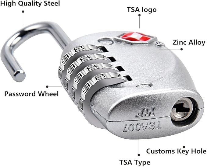 4 Dial Digit TSA Approved Travel Luggage Locks Combination for Suitcases (Silver-4pack)
