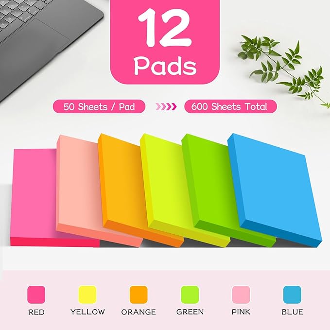 (12 Pads) Sticky Notes 3x5 in, Bright Colors Strong Adhesive Post, Suitable for School, Home, Office, Clean Removal, 50 Sheets/pad
