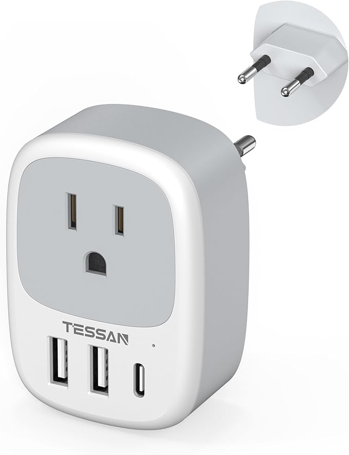 TESSAN European Travel Plug Adapter, Europe Power Outlet with 3 USB Ports (1 USB C Port), Type C Plug Adaptor for US to EU Italy Spain France Greece Portugal Iceland, International Travel Essentials
