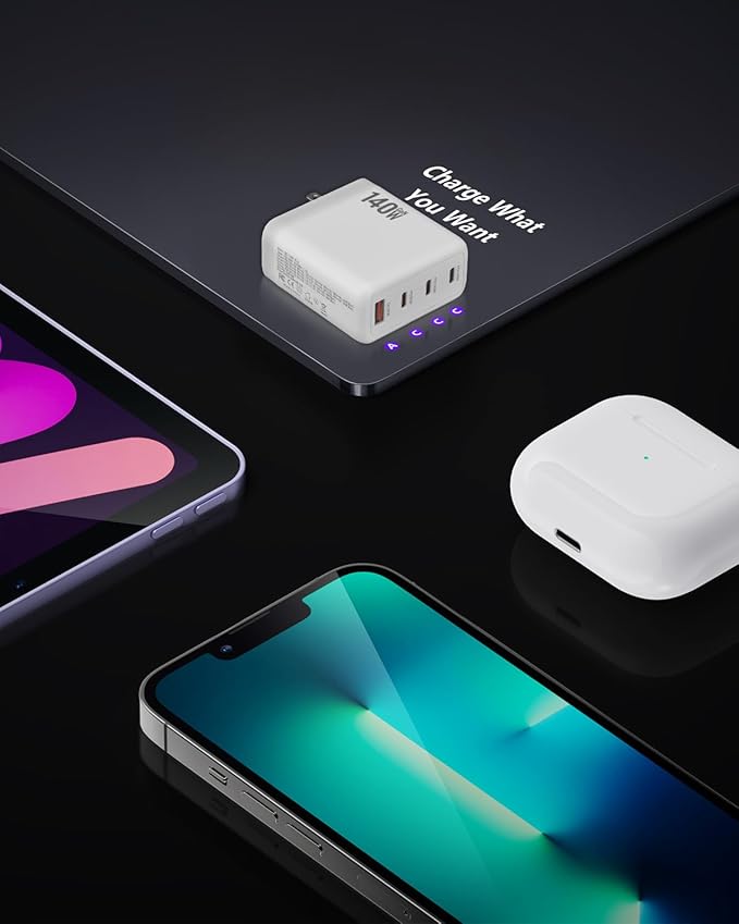 140W USB C Charger, 4-Port Foldable Compact Fast Laptop Charger Power Adapter, Advanced GaN Wall Charger, Compatible for MacBook Pro/Air, iPad Pro, iPhone 16, Galaxy S25, Steam Deck, and More (White)