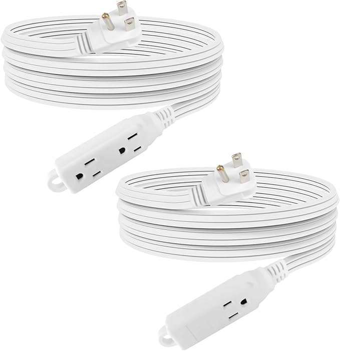 EP 9 Ft 3 Outlet Extension Cord with Flat Plug, 3 Prong Grounded, 16/3 SPT-3 Power Cable for Indoor Use, White, 2 Pack