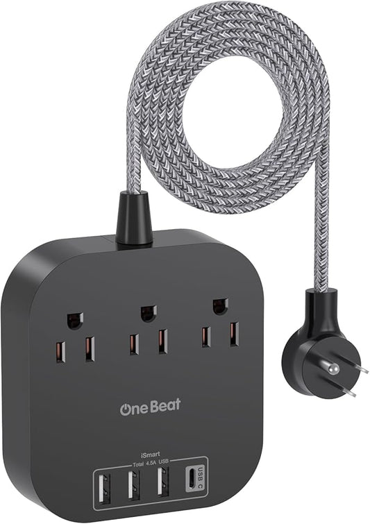 Power Strip with USB C, 3 Outlets 4 USB Ports (22.5W/4.5A) Desktop Charging Station, Flat Plug, 5ft Braided Extension Cord, Non Surge Protector for Travel, Cruise Ship, ETL Listed, Black