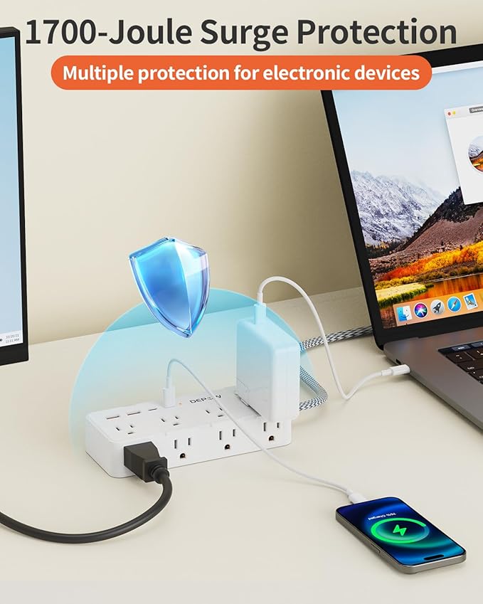 Power Strips with Surge Protection, 10 FT Braided Extension Cord with Multiple Outlets-8 AC Outlets 4 USB Ports (2 USB C), 1700 Joule Surge Protector with Flag Plug for Home Office, White